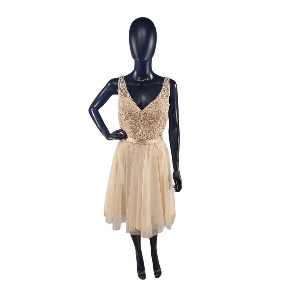 NWOT Champagne V-Neck Embroidered Formal Dress - Mori Lee
